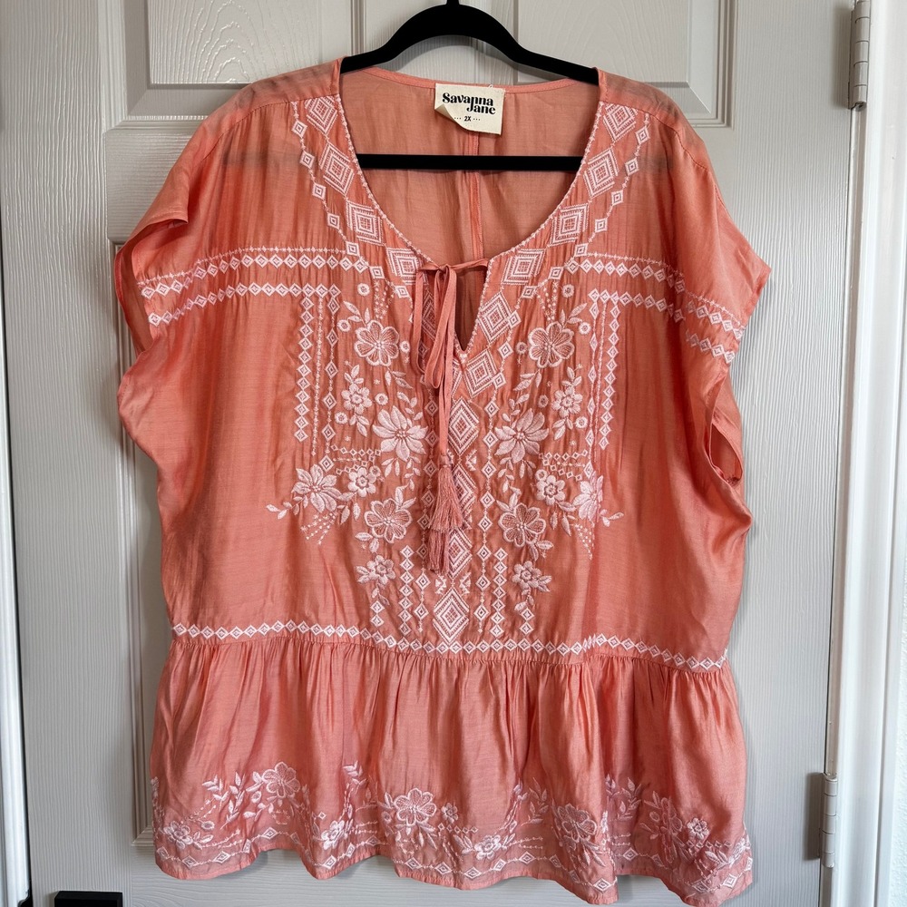 Savanna‎ Jane Coral Embroidered Boho Peplum Top 2X Western Peasant Casual Relax
